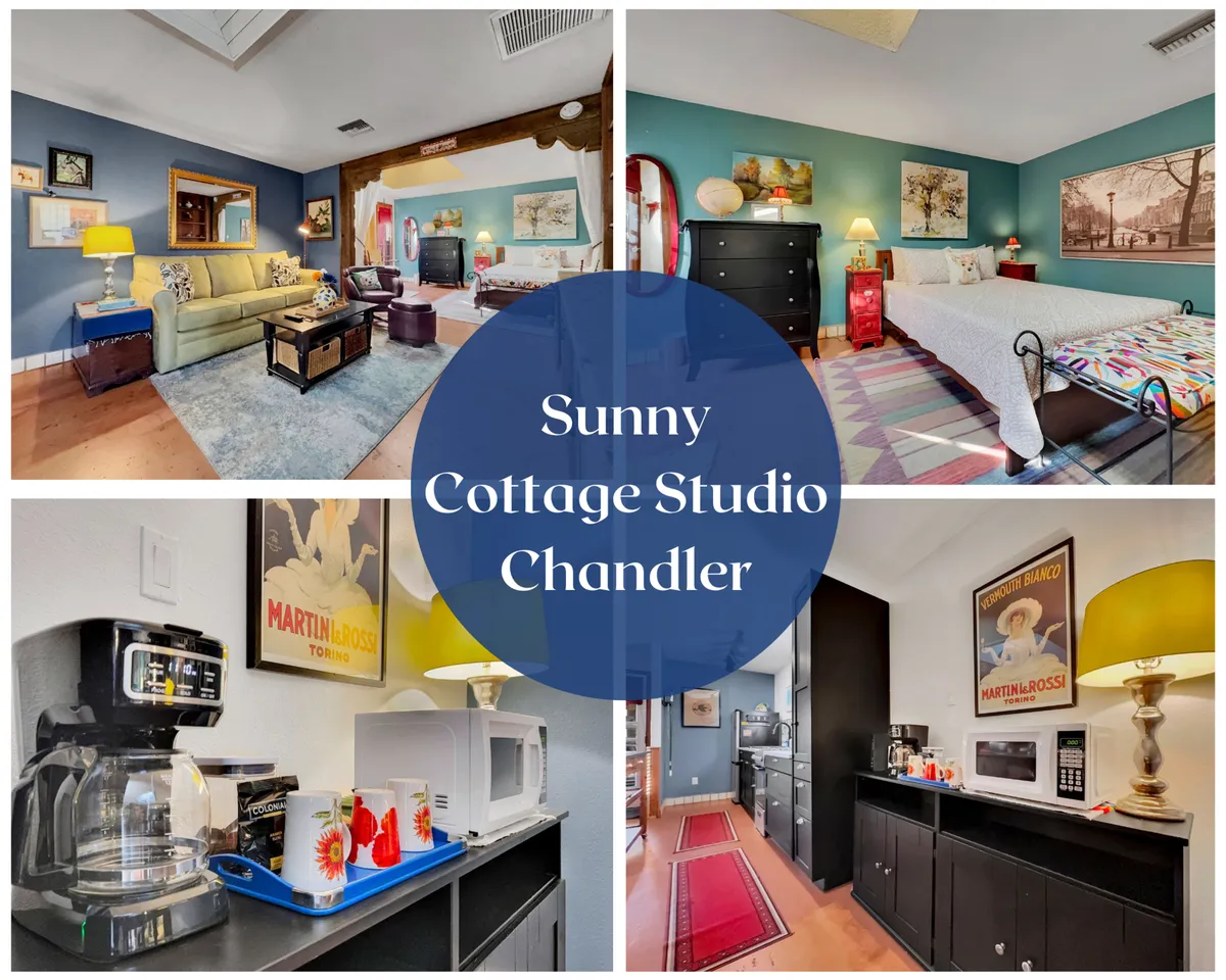 The image showcases a cozy, sunlit studio interior in Chandler, Arizona. A plush sofa sits beside artistic wall decorations, setting a creative and inviting mood. A vibrant, colorful bedspread adds flair, while a neatly arranged coffee station promises leisurely mornings. The space feels intimate, perfect for couples or solo travelers seeking relaxation and inspiration.